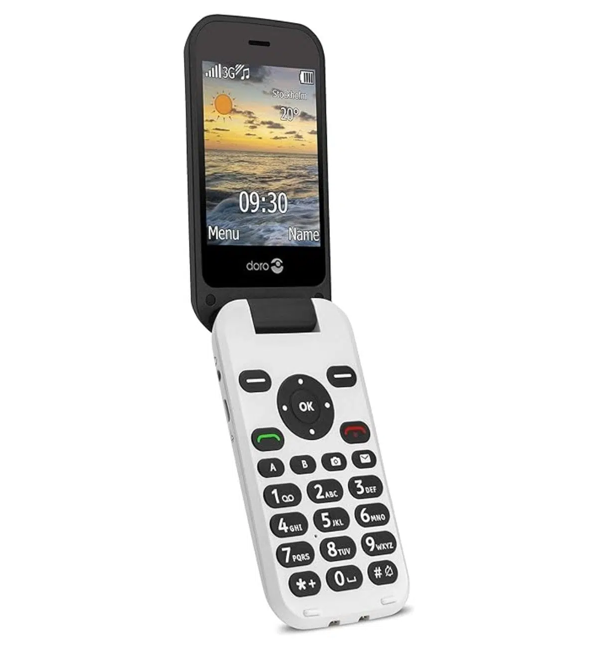 Doro 6620 phone on a table next to a cup of coffee, with the calendar app open on the screen.