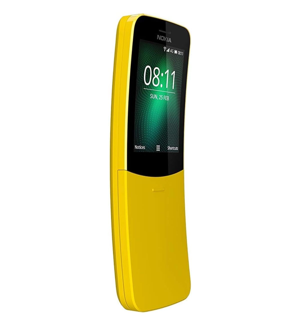 A close-up of the iconic curved screen of the Nokia 8110 4G phone.