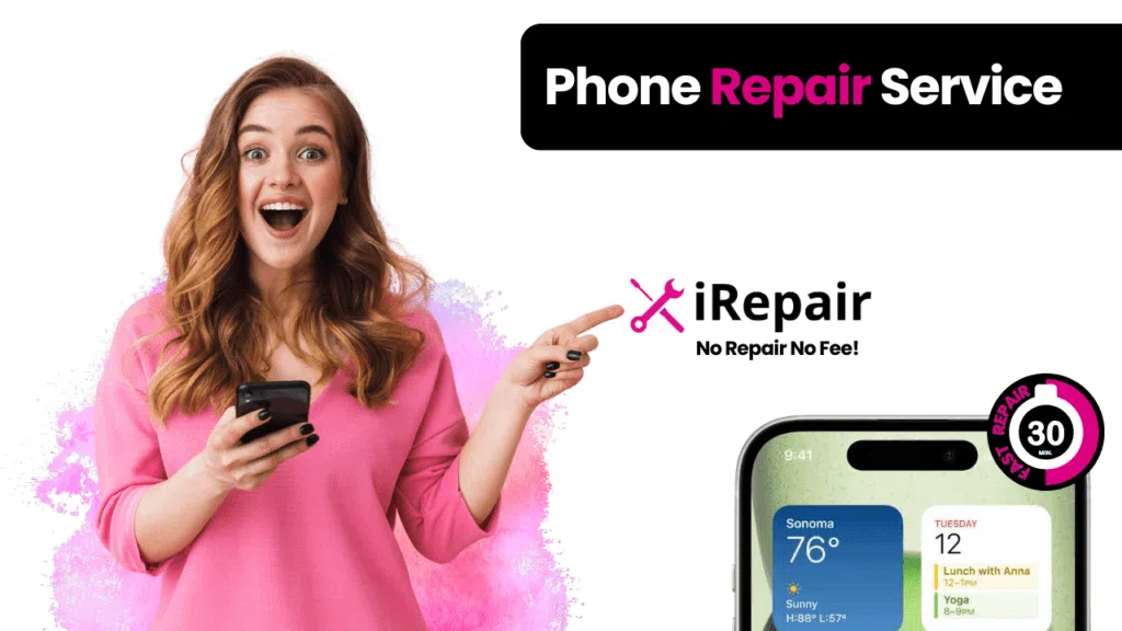 An image showing a professional repairing an iPhone screen with the text "iPhone screen repair service near me
