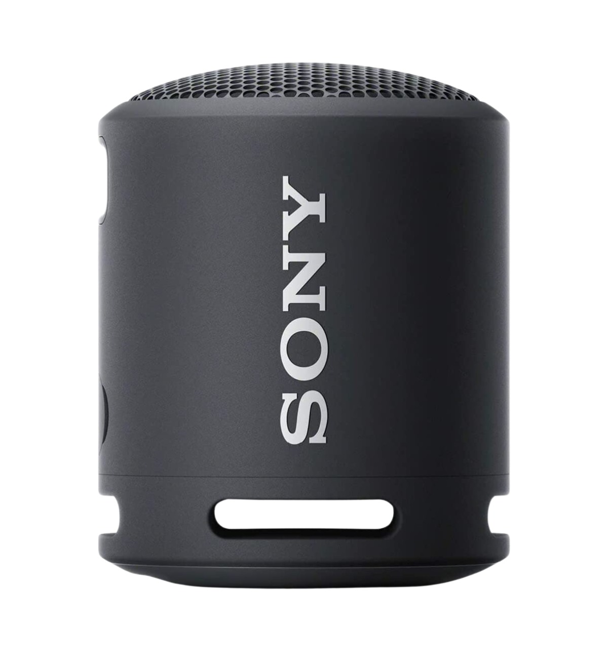 Close-up of a black Sony SRS-XB13 wireless speaker, showing its compact size and rounded design.
