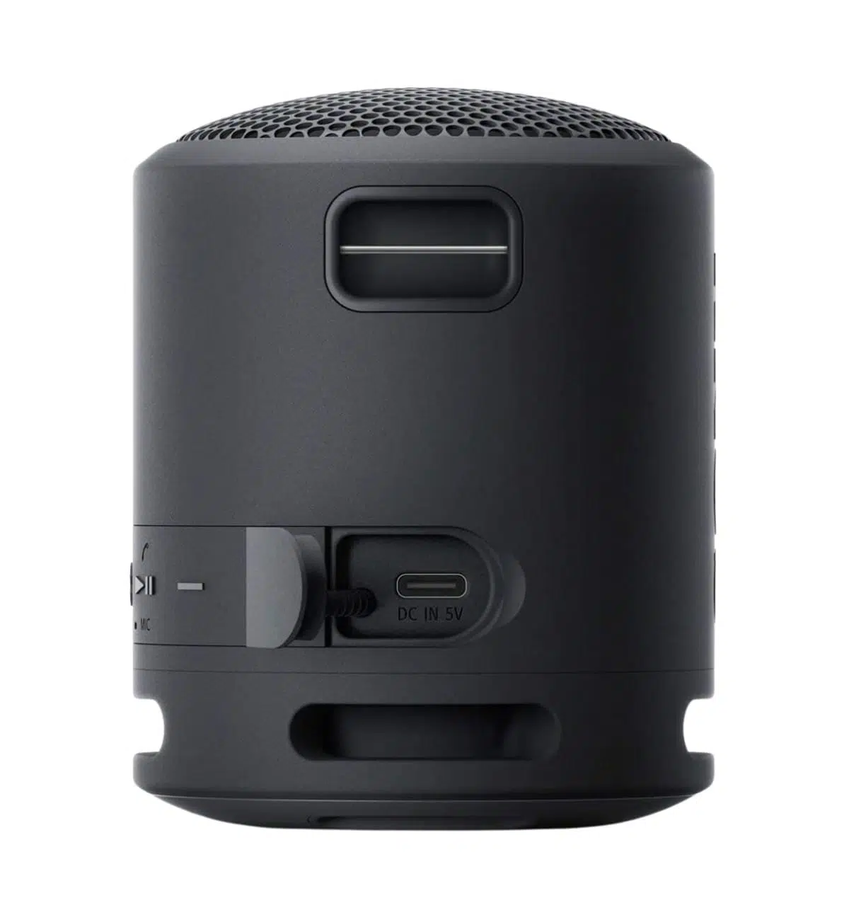 A black Sony SRS-XB13 wireless speaker in a high-resolution close-up, highlighting its textured surface and bold black color.