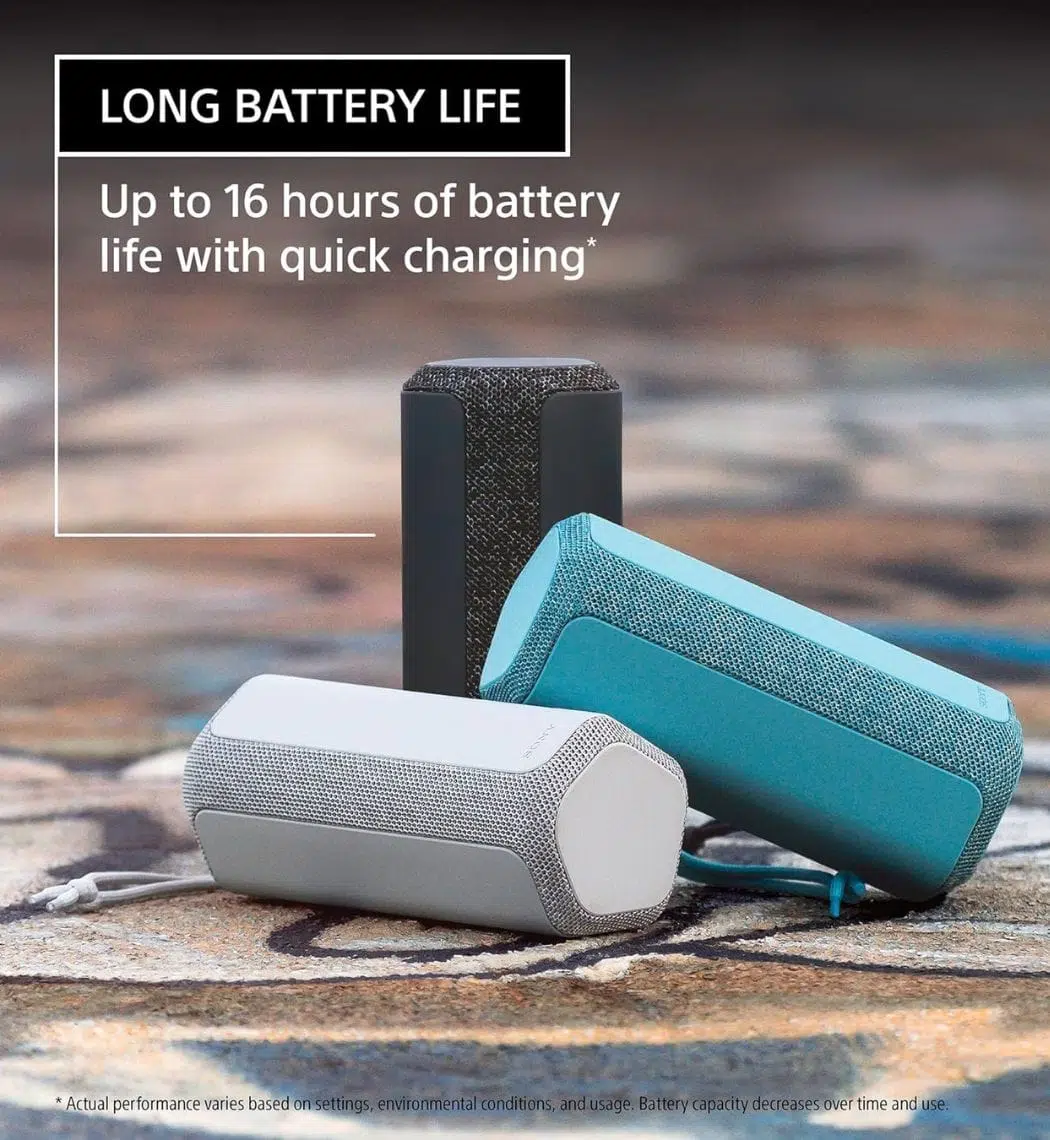 Waterproof, dustproof, and shockproof Sony SRS-XE200 Bluetooth speaker in blue.