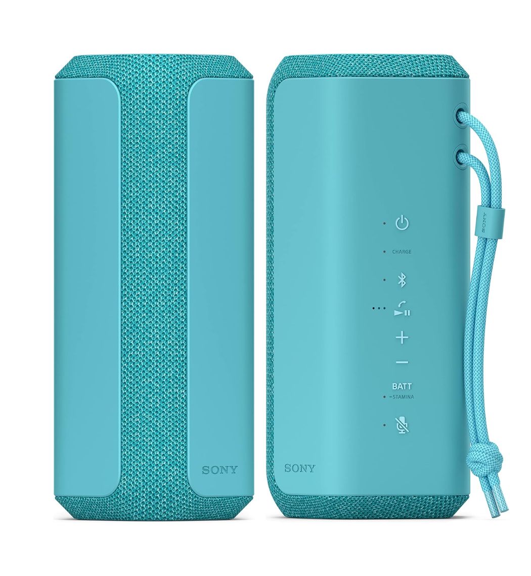 Blue Sony SRS-XE200 portable Bluetooth speaker with a strap.