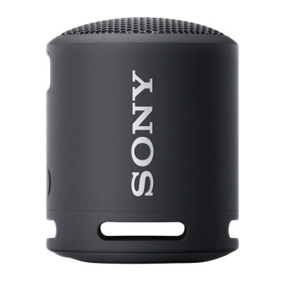 Close-up of a black Sony SRS-XB13 wireless speaker, showing its compact size and rounded design.