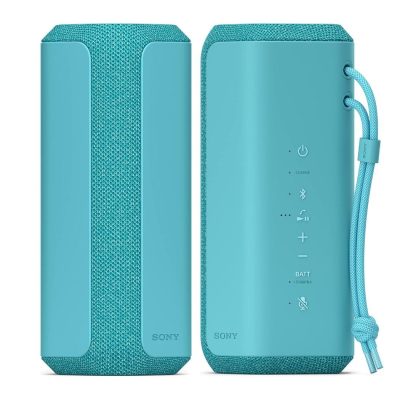 Blue Sony SRS-XE200 portable Bluetooth speaker with a strap.