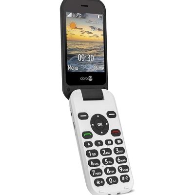 Doro 6620 phone on a table next to a cup of coffee, with the calendar app open on the screen.